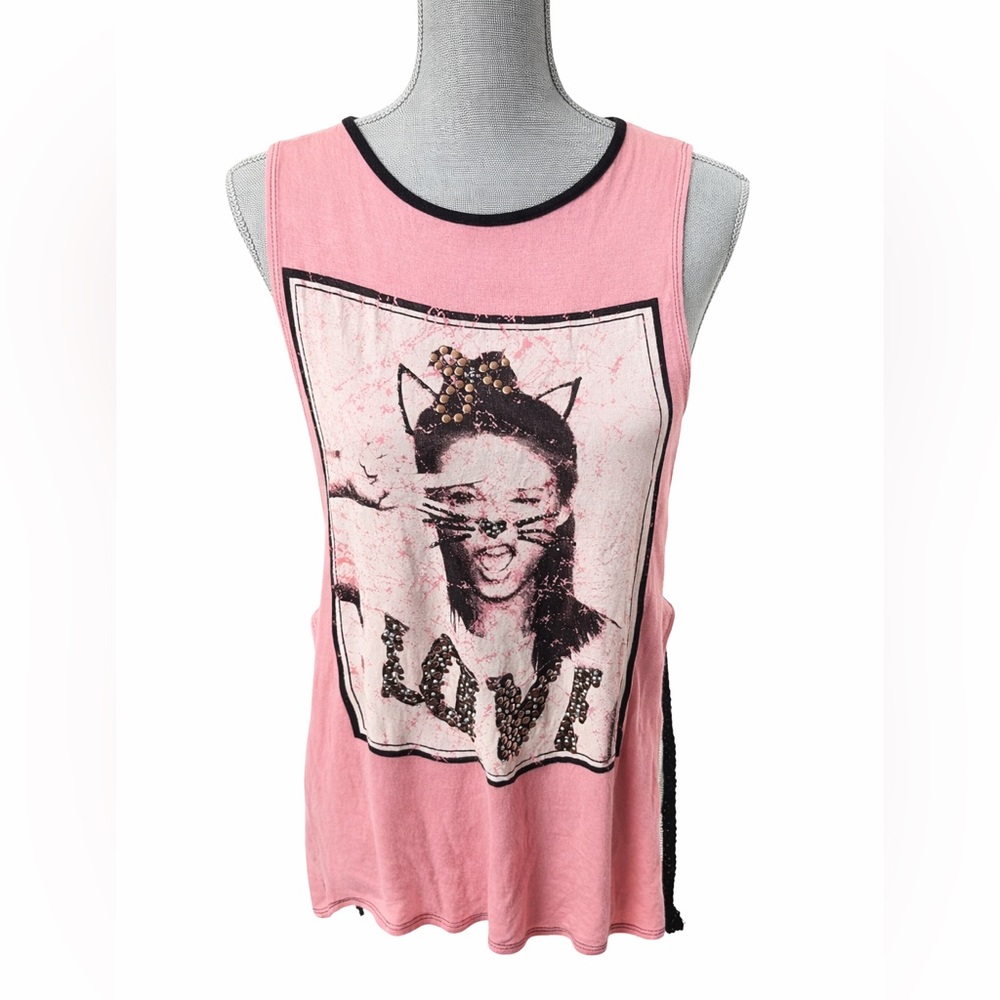 Davida Y2K Studded LOVE Graphic Tank Top Pink Black Mesh Layer Festival